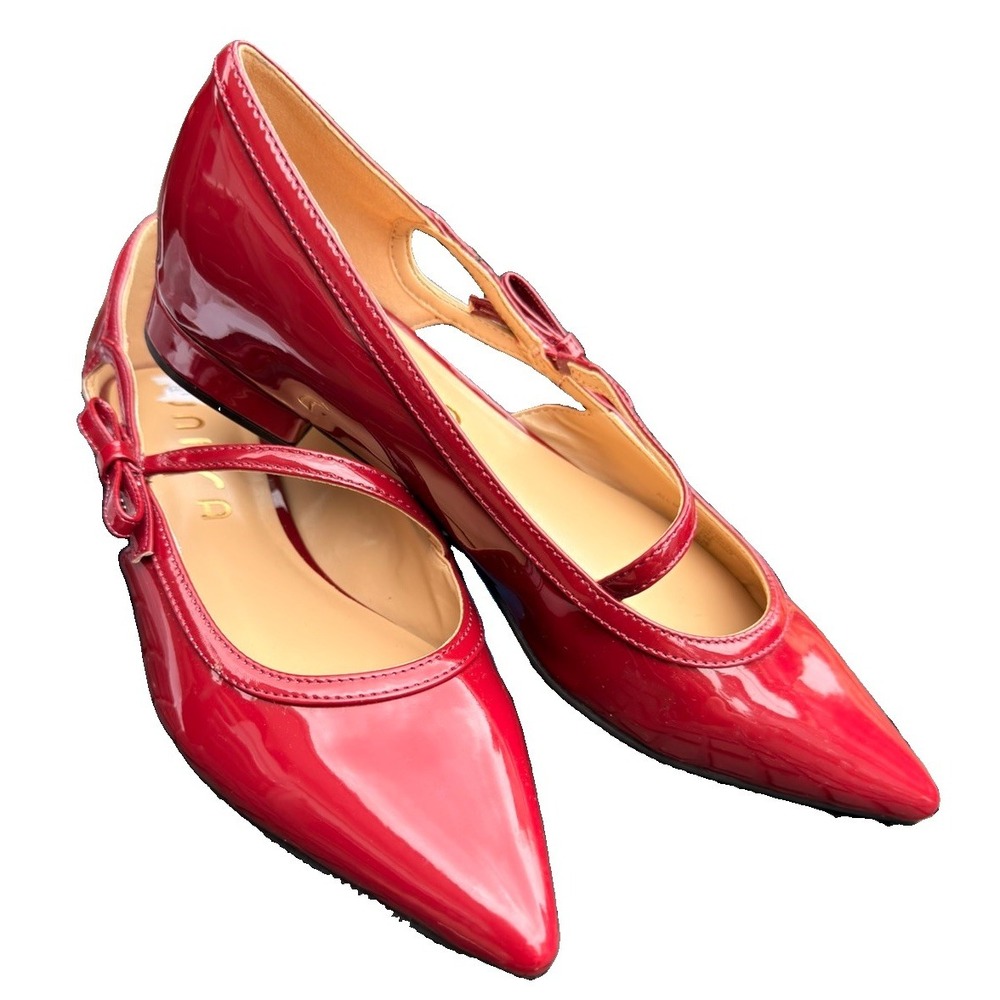 UNISA Red Patent Leather Mary Jane Flats Pointed Toe Strappy Bow Shoes - NWOB